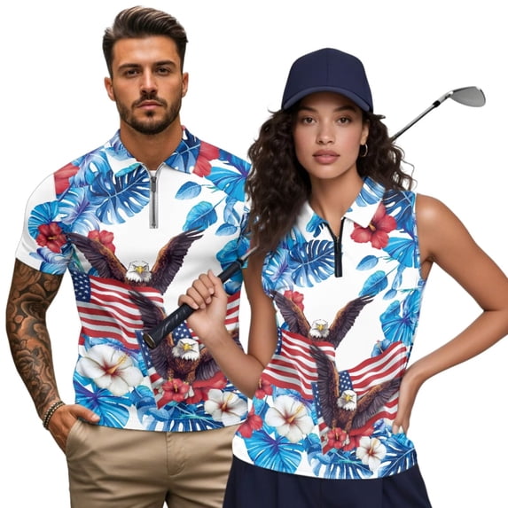Aplkyhs Matching Golf Shirts for Couple Blue Flowers American Flag Quarter Zip Golf Tennis Tank Top Quick Dry Athletic Sleeveless Shirts Racerback Design Machine Washable Lapel Design