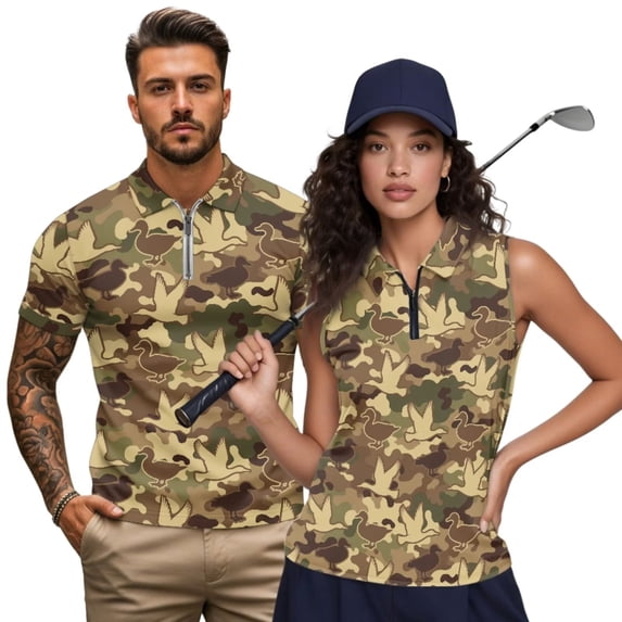 Aplkyhs Matching Golf Shirts for Couple Camouflage Hunting Duck Moisture Wicking His and Hers Golf Shirts Matching for Casual Wear Mens Athletic Shirts Lightweight Quick Dry