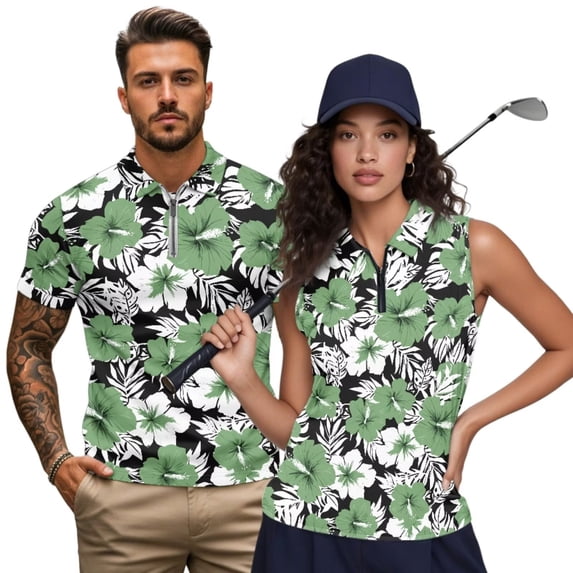 Aplkyhs Matching Golf Shirts for Couple Green Tropical Flowers Breathable Fabric Women Sport Cloth for Golf Enthusiasts Racerback Design Moisture Wicking Washable