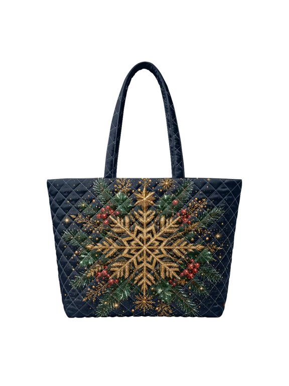 Navy Gold Snowflake Padded Shoulder Tote Bag, Zipper Closure Large Winter Holiday Handbag for Christmas Shopping, Gift Toting, Weekend Travel & Daily Commute Use