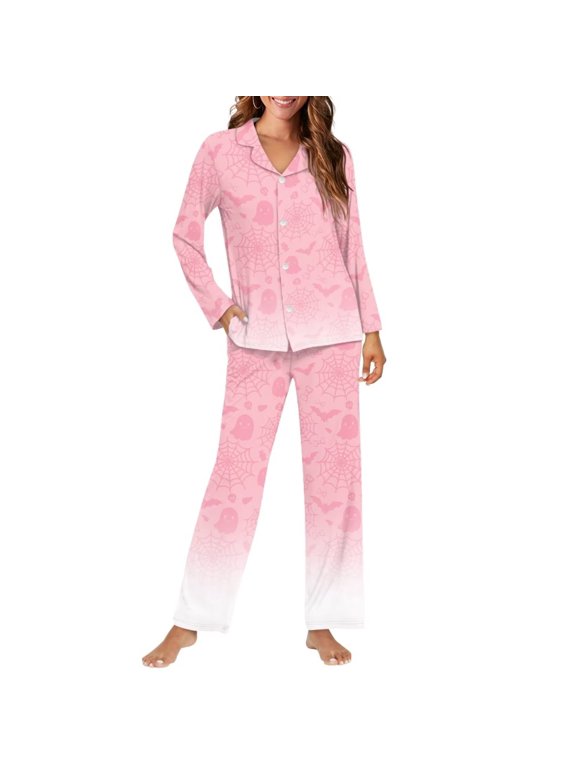 Pajamas Set Green Leaf Lounge Sets Pink Halloween Bat Spider Web Long Sleeve Button Down Sleepwear with Long Pants Lounge Sets Cozy Soft Nightwear with Pockets