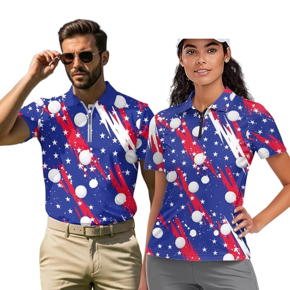 Aplkyhs Patriotic Star Matching Golf Shirts for Couple with Collar Women's Matching Hawaiian Golf Shirt for Couple Moisture Wicking Quick Dry for Yoga or Daily Wear Fit Plain