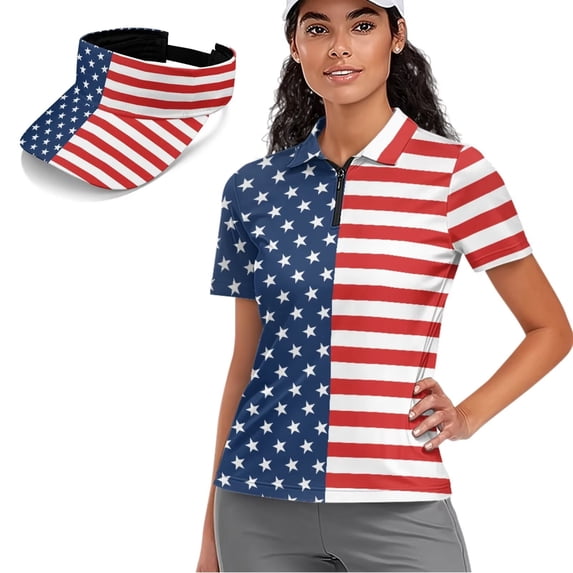 Aplkyhs Patriotic Star Women's Golf Shirt and Sun Visor Hat Set Short Sleeve Collared Quick-Dry Breathable Moisture-Wicking Shirt Adjustable UV-Protective Visor for Daily Wear Golf Tennis