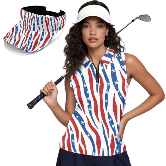 Aplkyhs Patriotic Zebra Women's Golf Shirt and Sun Visor Hat Set Moisture-Wicking Breathable Sleeveless Golf Shirt Adjustable UV Protection Sun Visor for Golf,Tennis,Hiking,Running,Daily Casual Wear