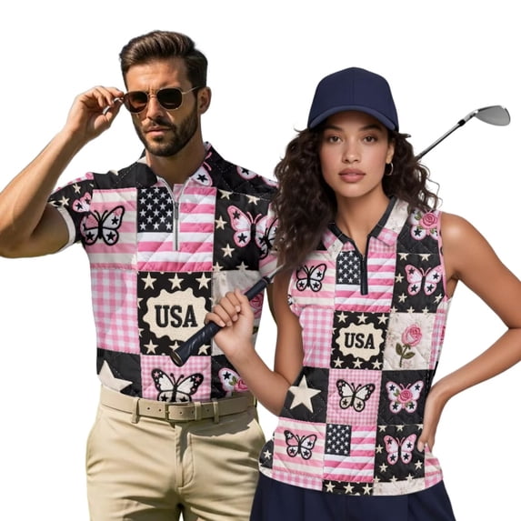 Aplkyhs Pink 250th Anniversary Matching Couple Golf Shirts Quick Dry Women's Matching Hawaiian Golf Shirt for Couple Machine Washable Suitable for Tennis Enthusiasts Lightweight