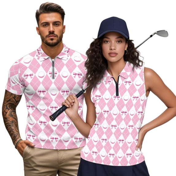 Aplkyhs Pink Argyle Matching Golf Shirts for Couple Lightweight Women's Matching Hawaiian Golf Shirt for Couple Racerback Design 4-Way Stretch Keep Cool in Hot Weather