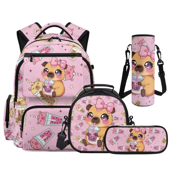 Aplkyhs Pink Bow Capybara Kids Backpack Set of 4 with Lunch Box Pencil Case and Water Bottle Carrier Includes Schoolbag with Front Pocket Elementary School Girls