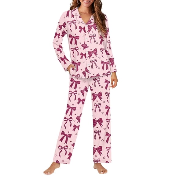 Aplkyhs Pink Bow Deer Pajama Set Women 2 Piece with Pockets Long Sleeve Loungewear Set Button-down Shirt Full-length Pants Soft Sleepwear Nightwear