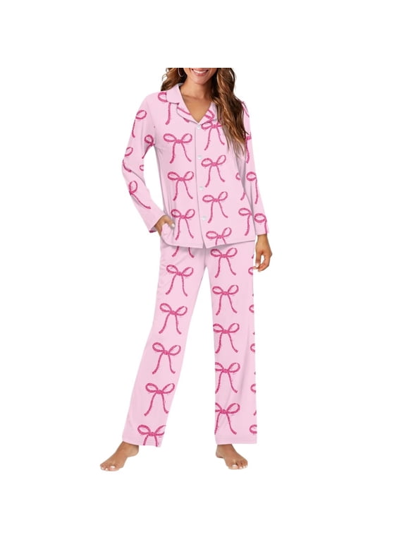 Pink Bow Pajama Set Women 2 Piece with Pockets Long Sleeve Loungewear Set Button-down Shirt Full-length Pants Soft Sleepwear Nightwear