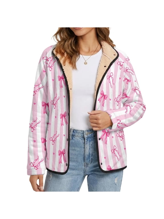 Pink Bow Stripe Ladies Fuzzy Shearling Jacket Snap Front Warm Plush Outerwear, Casual Long Sleeve Winter Coat with Side Pockets for Daily Wear Shopping