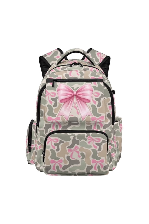 Pink Camo Bow Backpack for Students 12-18 Durable Lightweight School Bag 17 Inch Large Capacity Bookbag for Middle High School Teens