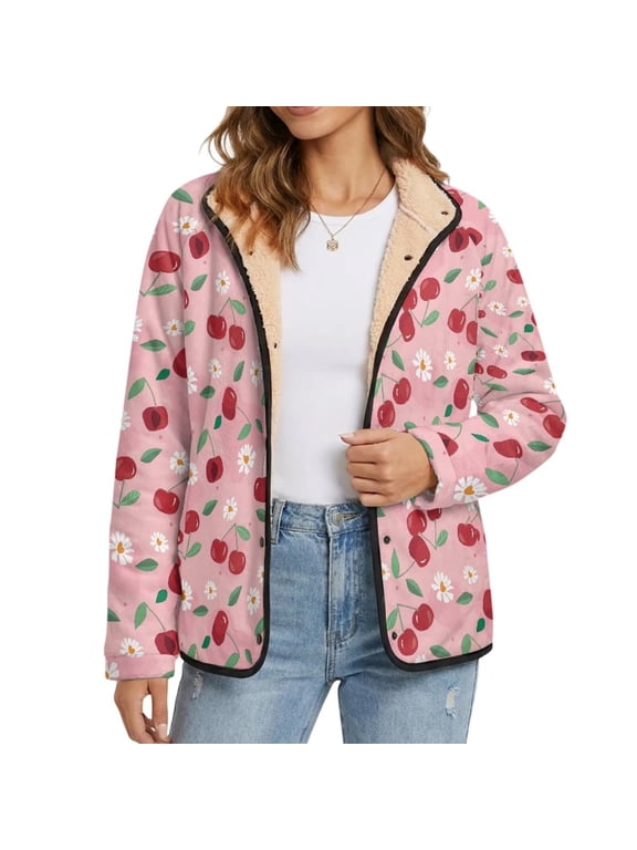 Pink Cherry Daisy Print Womens Shearling Lined Fuzzy Jacket, Casual Long Sleeve Warm Outerwear with Snap Buttons, Soft Lightweight Winter Fall Coat for Daily Wear