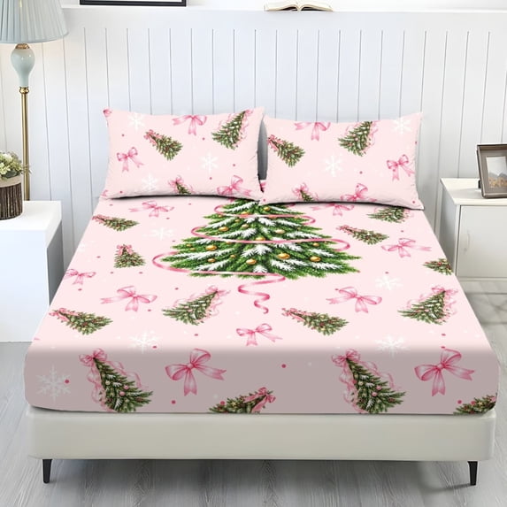Aplkyhs Pink Christmas Tree 3-Piece Fitted Sheet Bedding Set with 2 Pillowcases Soft Breathable Wrinkle Resistant Machine Washable for Holiday Bedroom Decor All Season Use
