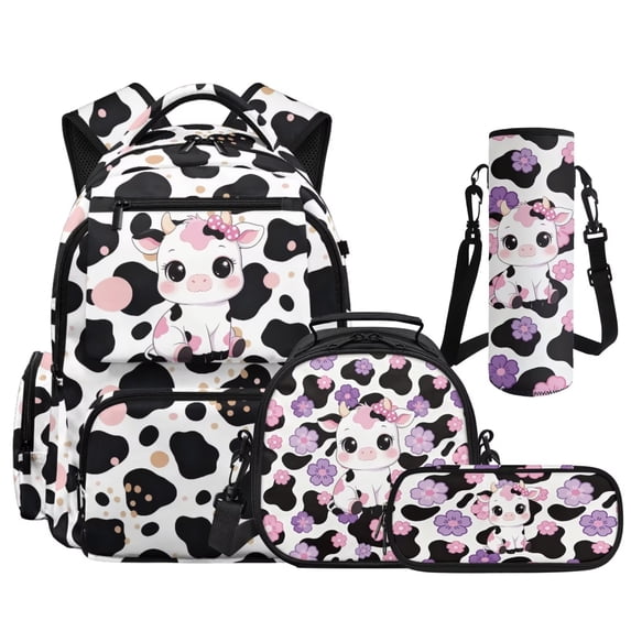 Aplkyhs Pink Cow Print Kids Backpack Set 4Pcs Kids Backpack for Girls with Lunch Box Pencil Case and Water Bottle Case Cover Suitable for Elementary Middle School High School
