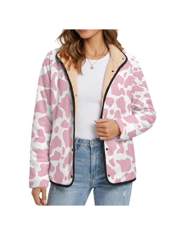 Pink Cow Print Women's Reversible Sherpa Lined Fuzzy Jacket Long Sleeve Snap Button Warm Outerwear, Casual Winter Plush Coat With Side Pockets for Daily Wear