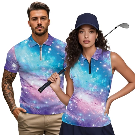 Aplkyhs Pink Galaxy Matching Couple Tennis Shirts Quarter Zip Matching Golf Shirts for Couple Mens Shirts Casual for Golf,Tennis,Hiking,Running,Gym Moisture Wicking