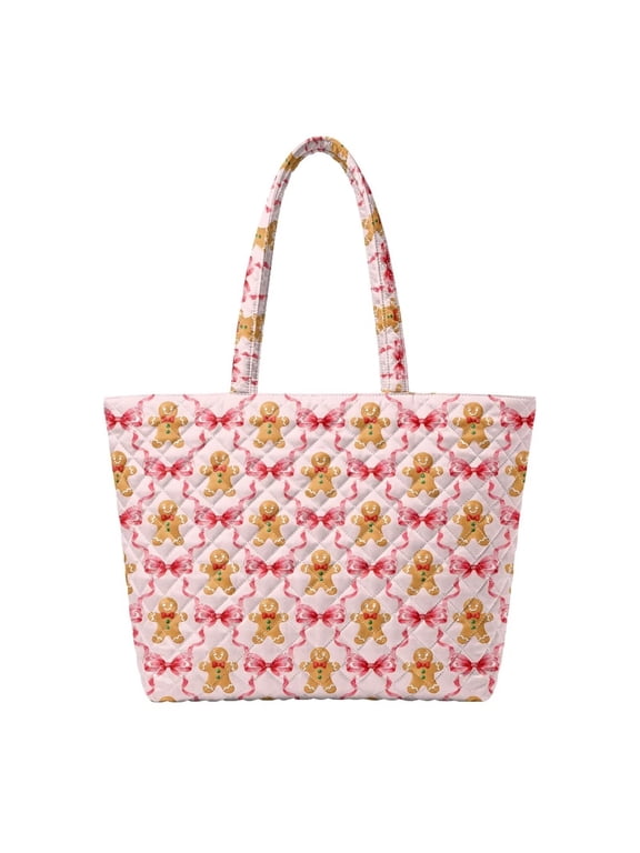 Pink Gingerbread Print Padded Carryall, Zipper Closure Quilted Shoulder Bag, Large Capacity Festive Tote for Christmas Shopping, Holiday Travel, Gift Giving and Daily Use