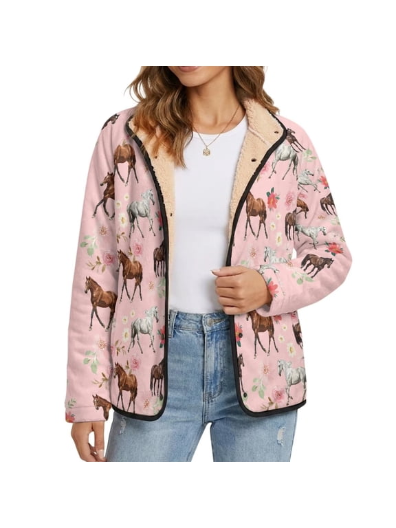 Pink Horse Floral Womens Sherpa Lined Fuzzy Jacket Button Front Warm Winter Coats Long Sleeve Casual Outdoor Outerwear with Pockets for Horse Lovers