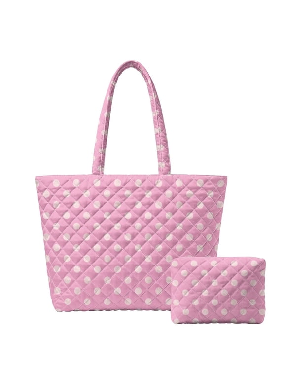Pink Polka Dot Quilted Tote Bag Set for Women, 2Pcs Casual Shoulder Handbag with Zipper Pockets and Matching Small Cosmetic Pouch for Daily Use Shopping Work Travel