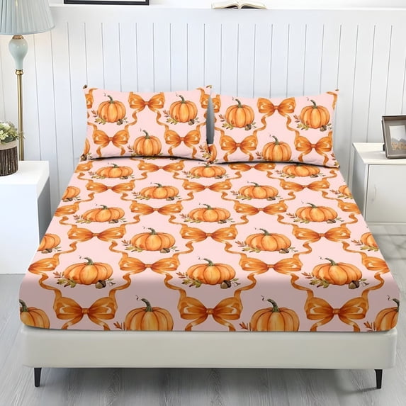 Aplkyhs Pink Pumpkin Bow 3-Piece Bed Fitted Sheet Set with 2 Pillowcases, Soft Breathable Microfiber, Deep Pocket, Machine Washable, Fall Harvest Themed Bedding for Bedroom Guest
