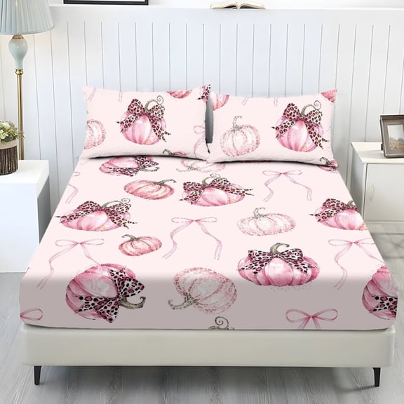 Aplkyhs Pink Pumpkin Print 3-Piece Bed Fitted Sheet Set with 2 Pillowcases Soft Breathable Wrinkle Resistant Machine Washable for Bedroom Autumn Decor All Season Use