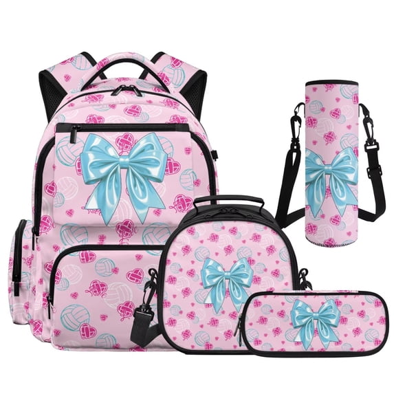 Aplkyhs Pink Soccer Bow School Backpack Set of 4 with Lunch Bag Pen Bag Set Bottle Sleeve for Girls Boys Multifunctional Pencil Case Suitable for Elementary Middle School High