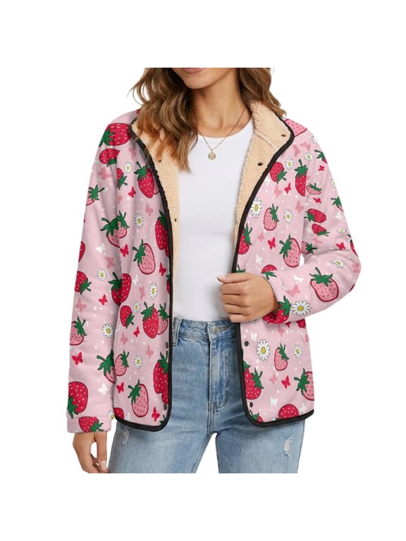 Pink Strawberry Print Women's Fuzzy Shearling Lined Jacket, Button Down Warm Long Sleeve Outerwear, Casual Winter Coats with Contrast Trim for Daily Wear