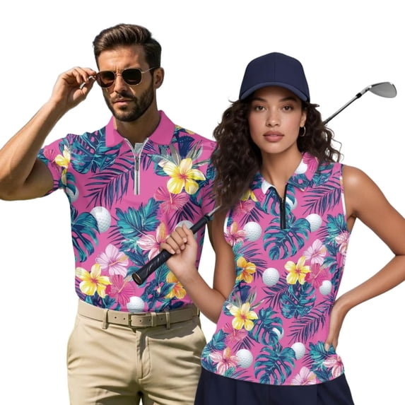 Aplkyhs Pink Tropical Floral Matching Golf Shirts for Couple Moisture Wicking His and Hers Golf Shirts Matching for Casual Wear Mens Athletic Shirts Lightweight Quick Dry