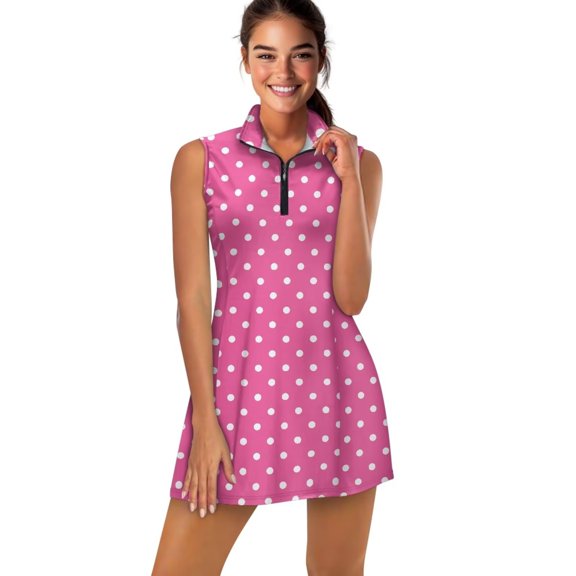 Aplkyhs Pink White Polka Dot Golf Dress Active Exercise Workout Sports Athletic Dresses Ruffle Zip Up Breathable Quick-Dry Soft and Comfortable for Outdoor Sports