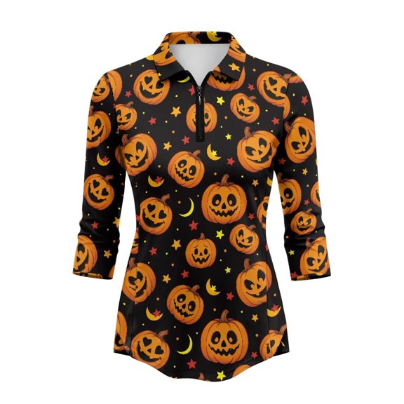 Aplkyhs Pumpkin Moon Women Sport Cloth Golf Tennis Shirts Halloween Soft and Comfortable with Collar Shirt Fit Plain 3/4 Sleeve Golf Shirts for Autumn Outdoor Sports