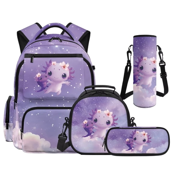 Aplkyhs Purple Galaxy Axolotl 4 Piece Kids Backpack Set with Lunch Bag Pencil Case and Bottle Holder School Backpack for Elementary Middle School Students