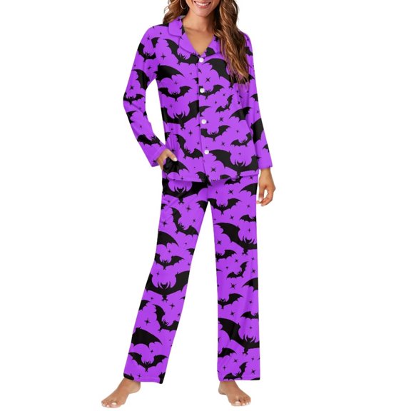 Aplkyhs Purple Halloween Bat Women 2 Piece Pajamas Set Long Sleeve Sleepwear Button Down V-Neck Soft Comfy Loungewear with Long Pants Pjs Comfortable