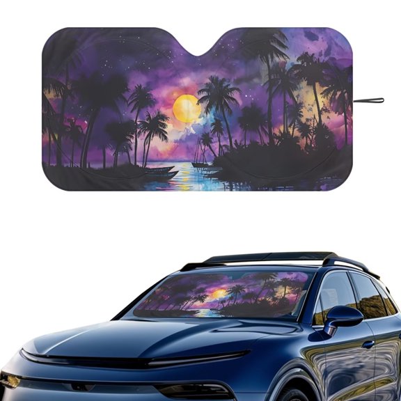 Aplkyhs Purple Sunset Palm Tree Car Windshield Sun Shade Foldable Sun Shield Protector Blocks for Most SUV Truck Hatchbacks Sun Blocker Visor for Sun Heat and UV Rays