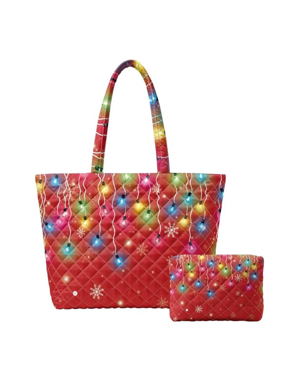 Red Christmas Lights Padded Shoulder Tote Bag Set for Women, with Matching Small Cosmetic Pouch, Zipper Closure Large Capacity Handbag for Holiday Shopping & Daily Use
