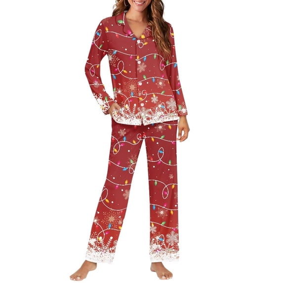 Aplkyhs Red Christmas Lights Pj Set Adult Long Sleeve Sleepwear Sets Button Down Shirt Long Pants Soft Cozy Loungewear Notch Collar Nightwear for Parties