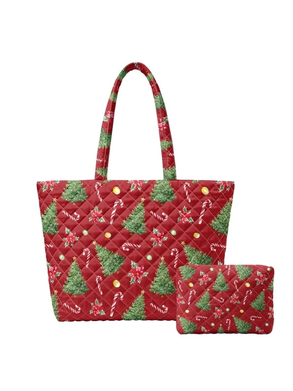 Red Christmas Print Padded Tote Handbag Set for Women, Zipper Closure with Matching Small Cosmetic Pouch, Lightweight for Holiday Shopping Daily Use Xmas Gift