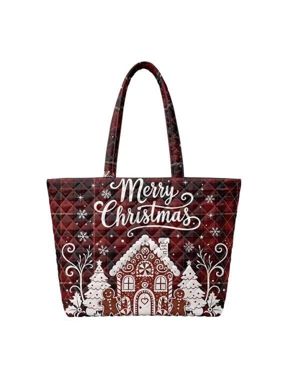 Red Plaid Christmas Padded Shoulder Tote Bag, Gingerbread House Print Zippered Carryall for Holiday Shopping, Gift Toting, Weekend Getaway and Daily Commute Use