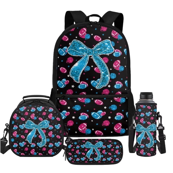 Aplkyhs Rugby Blue Bow Kids Backpack Set of 4 with Lunch Bag Pen Bag Set Bottle Sleeve for Girls Boys Multifunctional Pencil Case Suitable for Elementary Middle School High