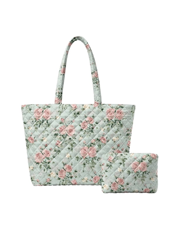 Sage Green Floral Quilted Shoulder Bag Set for Women, Zippered Daily Handbag with Matching Small Cosmetic Pouch for Work, Shopping & Outdoor Activities