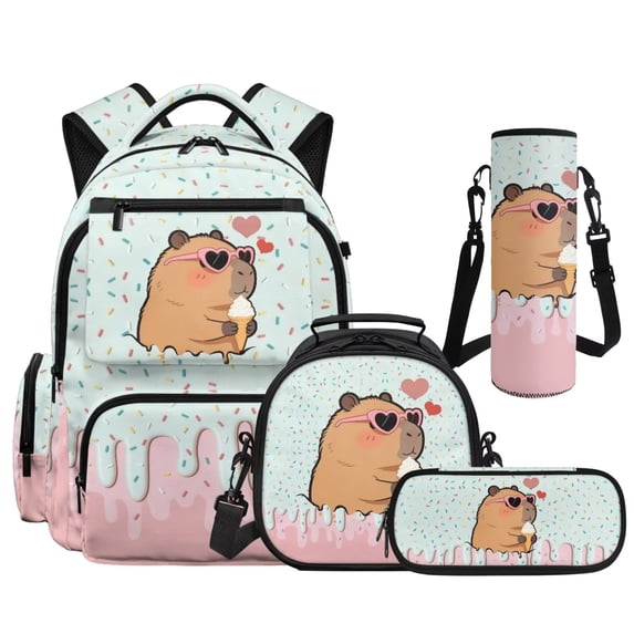 Aplkyhs School Backpack Set of 4 Ice Cream Capybara with Lunch Bag Pen Bag Set Bottle Sleeve for Girls Boys Multifunctional Pencil Case Suitable for Elementary Middle School High