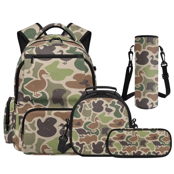 Aplkyhs School Backpack Set Camo Hunting Duck 4Pcs with Lunch Box Pencil Case Water Bottle Holder with Strap Portable Lunch Bag for Elementary Primary Middle School Bookbag