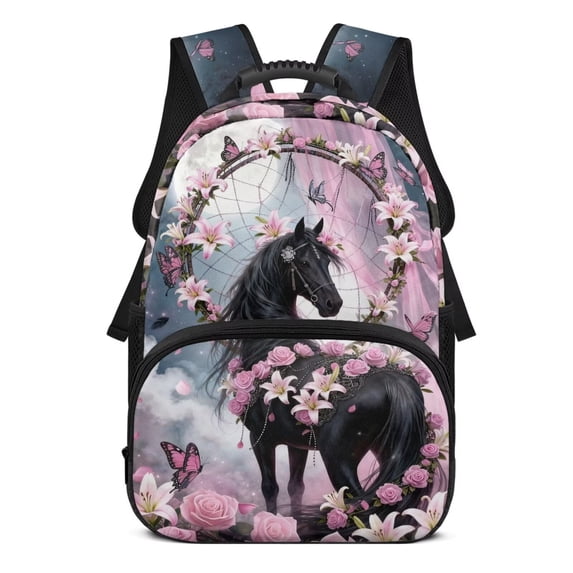 Aplkyhs School Backpack for Students 6-18 Ergonomic Padded Adjustable Straps Large Capacity Water Resistant Book Bags for Kids Elementary Middle High School Horse Pink Flower