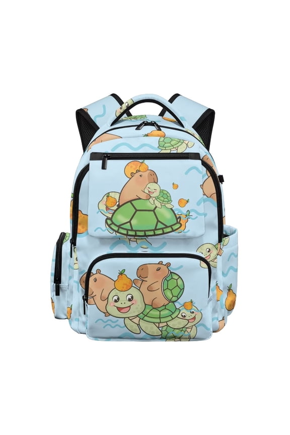 Sea Turtle Capybara Backpack for Students 6-18 Multi-pocket Lightweight Water Resistant 17 Inch School Bag for Elementary Middle High School