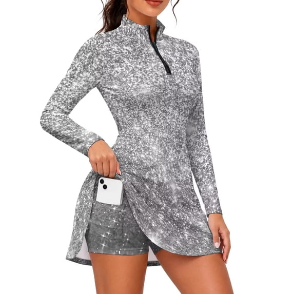 Aplkyhs Silver Glitter Women Long Sleeve 1/4 Zip Tennis Dress with Shorts and Pockets Lightweight Athletic Golf Dresses Moisture Wicking Built-in Shorts Workout Golf Suit Set