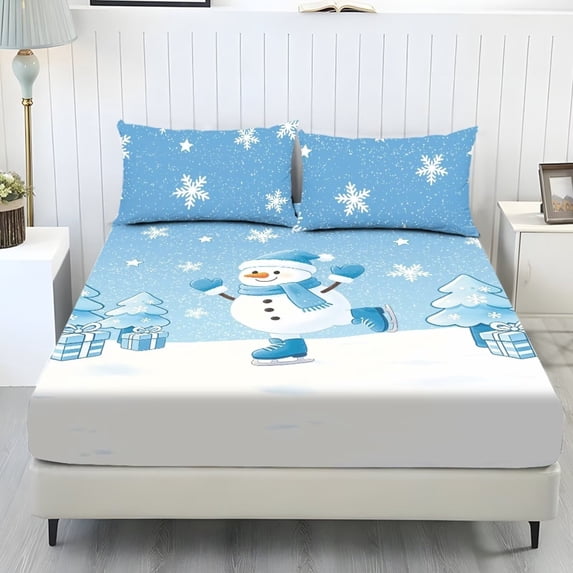 Aplkyhs Snowman Ice Skating Print 3-Piece Bed Fitted Sheet Set with 2 Pillow Shams, Soft Breathable Microfiber Bedding, Deep Pocket Wrinkle Resistant for Kids Bedroom Christmas
