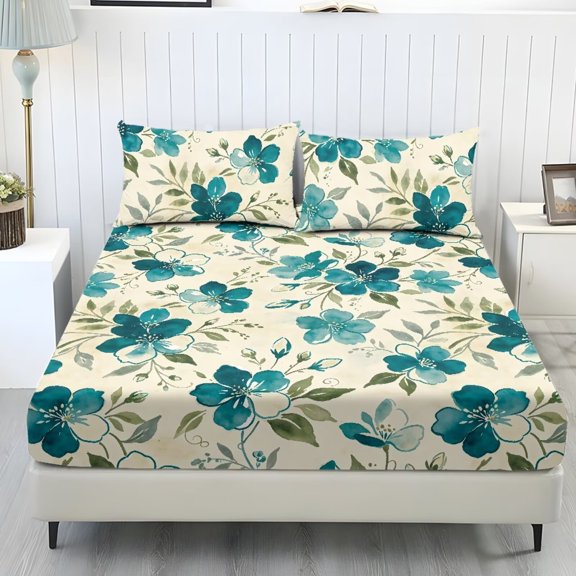 Aplkyhs Teal Floral Watercolor Print 3 Piece Bedding Fitted Sheet Set with 2 Pillow Shams Soft Breathable Wrinkle Resistant Deep Pocket for Bedroom Decor All Season Use