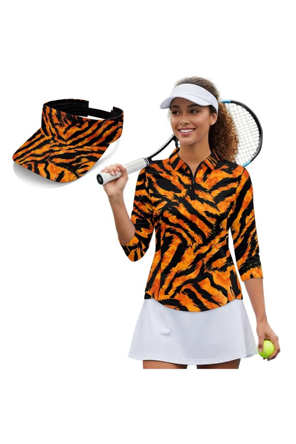Tiger Women's Golf Shirt and Sun Visor Hat Set Breathable Fabric 3/4 Sleeve Golf Shirts Moisture Wicking Adjustable UV Protection Sun Hat Cap for Tennis Enthusiasts