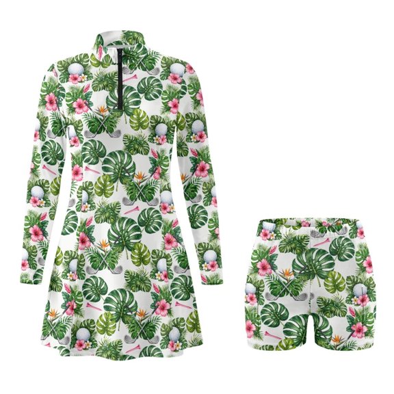Aplkyhs Tropical Golf Print Women's 2 Piece Golf Outfits Long Sleeve Quarter Zip Dress with Matching Shorts Pockets Quick Dry Lightweight for Tennis Pickleball Sports