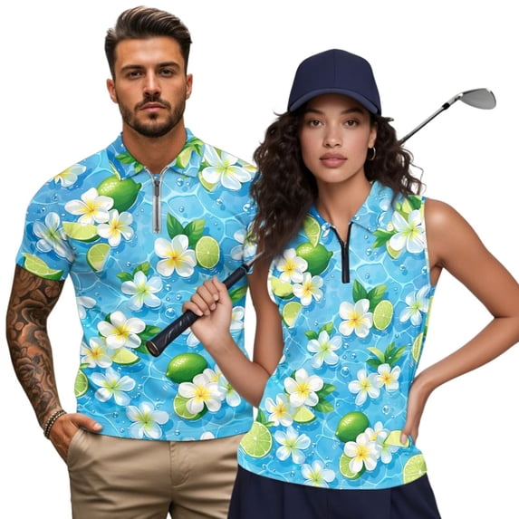Aplkyhs Tropical Lemon Flower Matching Couple Sport Shirts Quarter Zip Matching Golf Shirts for Couple Lightweight Mens Hawaiian Shirt Moisture Wicking Suitable for Outdoor Sports