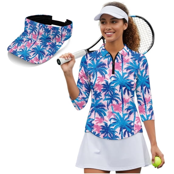Aplkyhs Tropical Palm Tree Women's Golf Shirt and Sun Visor Hat Set Sports Sun Visor Hat Moisture Wicking Women Sport Cloth 4-Way Stretch Suitable for Tennis Enthusiasts Lightweight